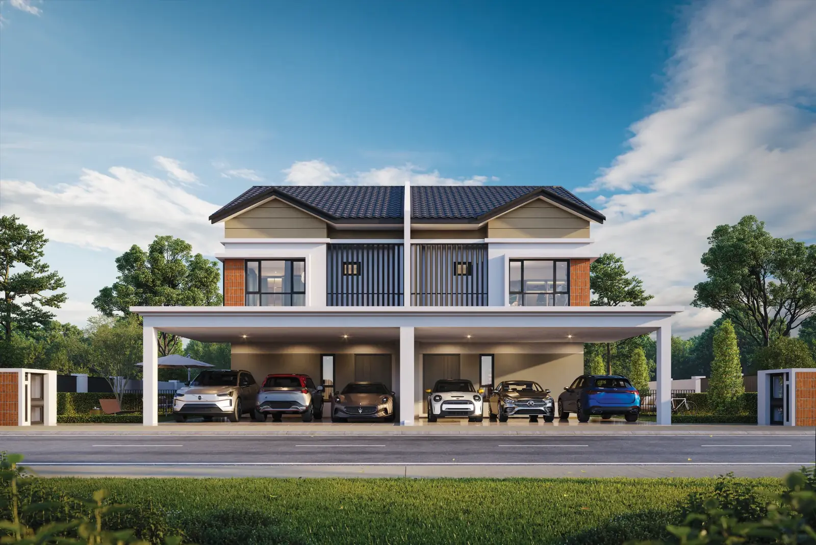 Embun Hills cluster home front facade with triple car porch