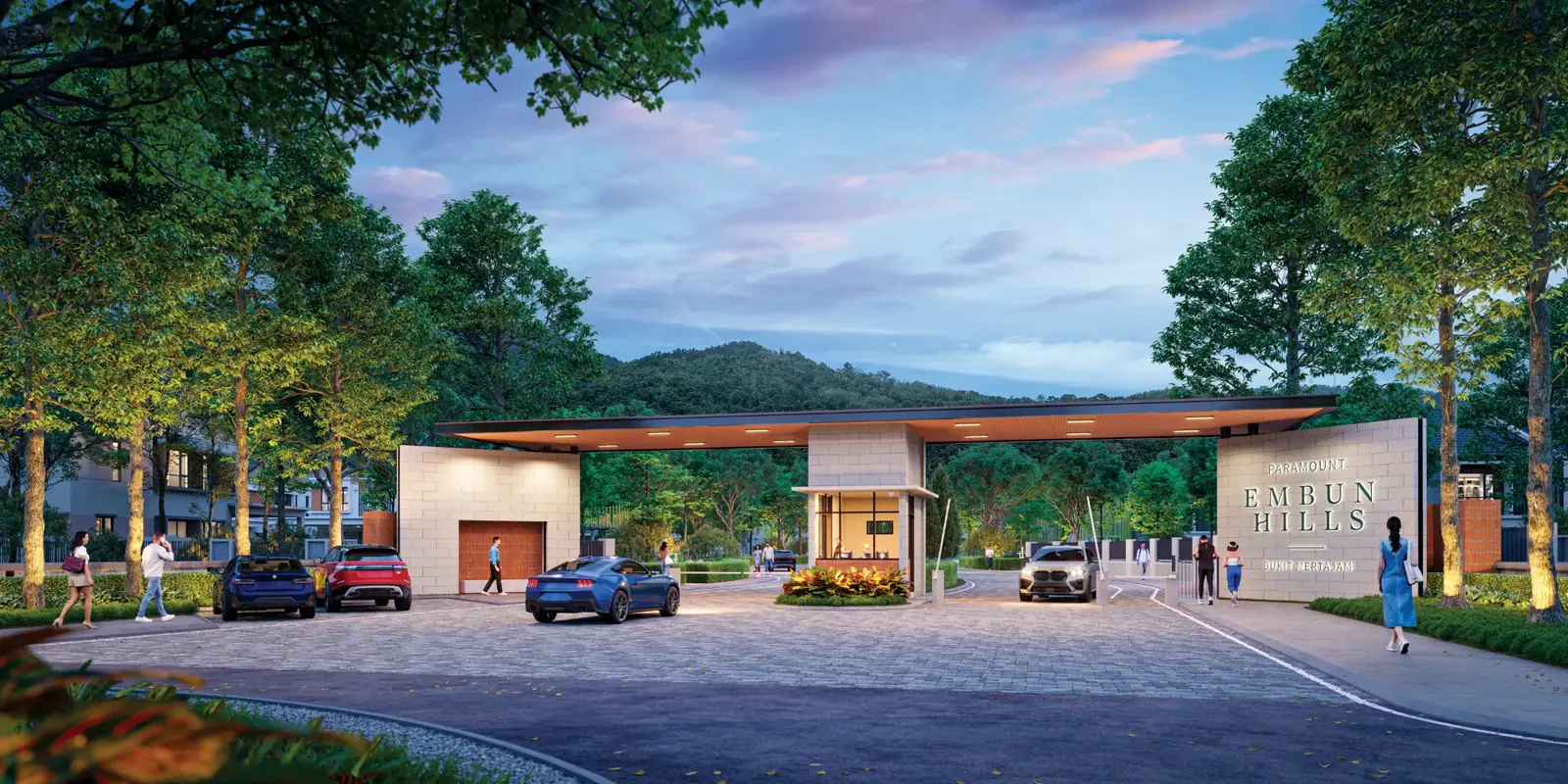 Embun Hills gated entrance statement at dusk with the Bukit Mertajam hills behind