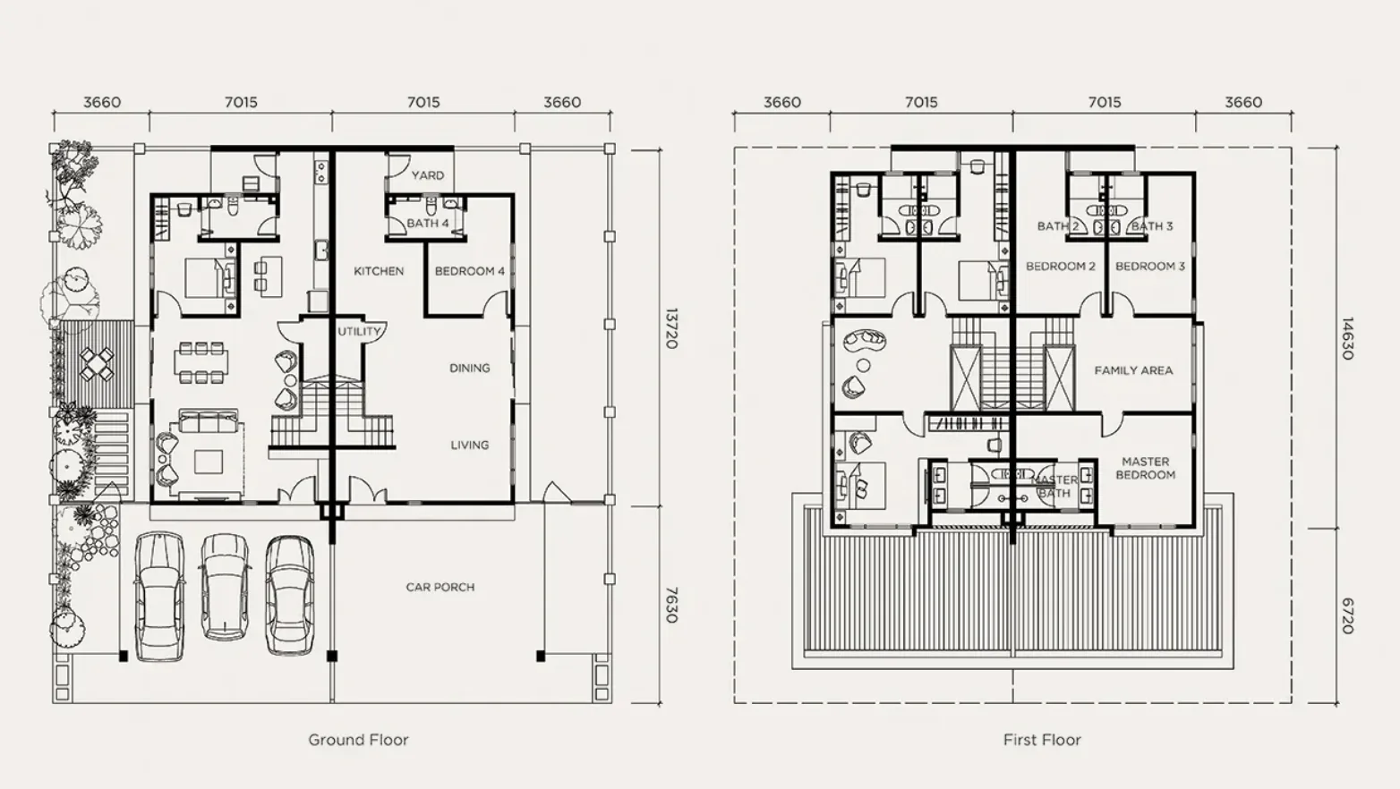 Embun Hills 2-storey cluster home ground and first floor plan with triple car porch