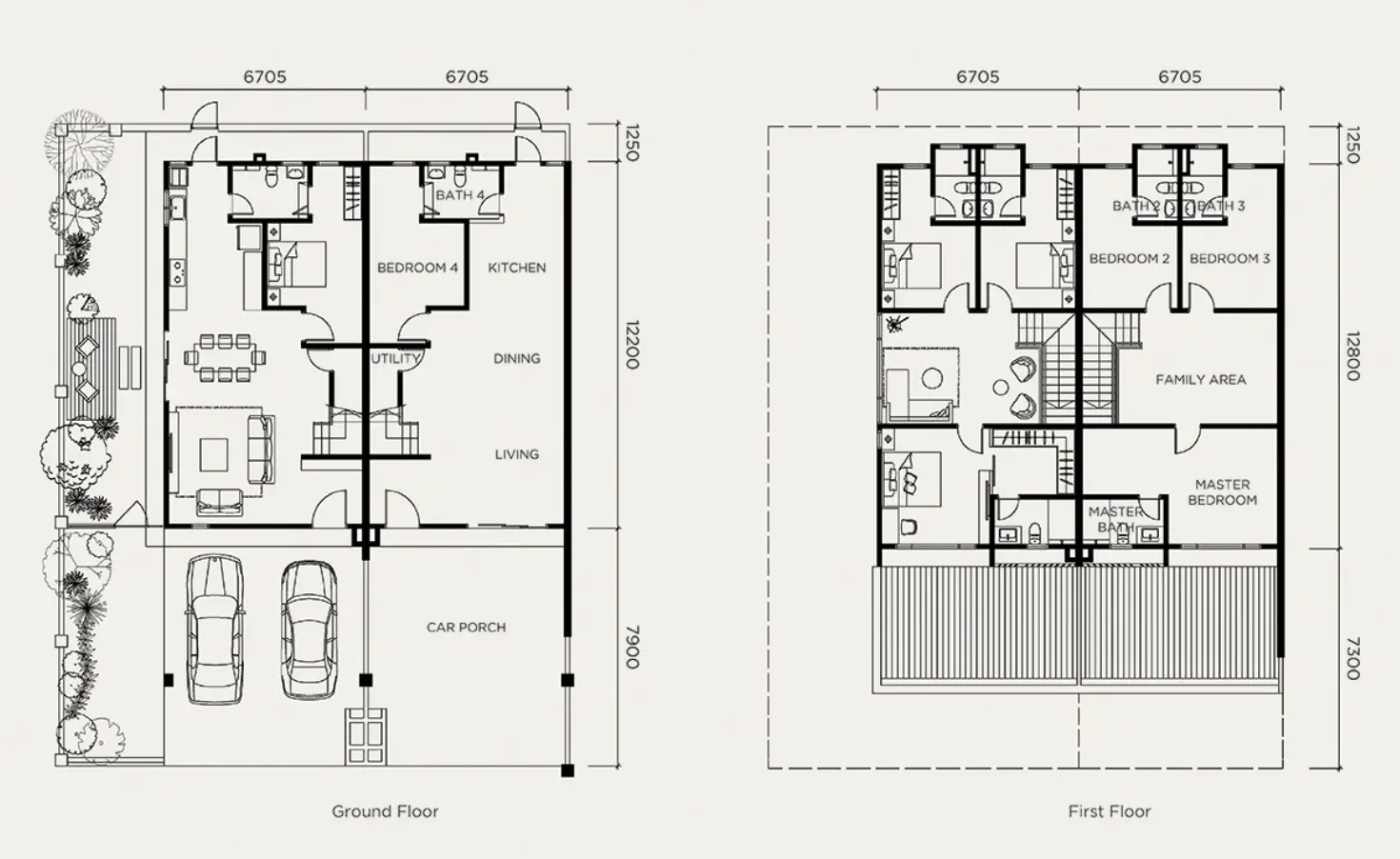 Embun Hills 2-storey terrace ground and first floor plan, 4 bedrooms with en-suite bathrooms