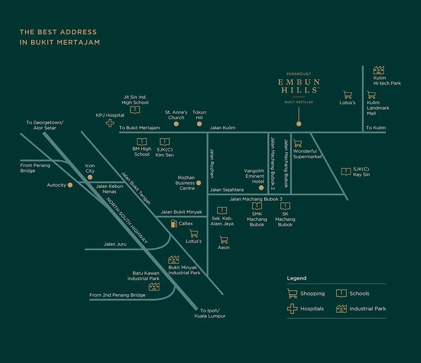 Embun Hills location map showing Kulim, Bukit Mertajam, Alma and highway access