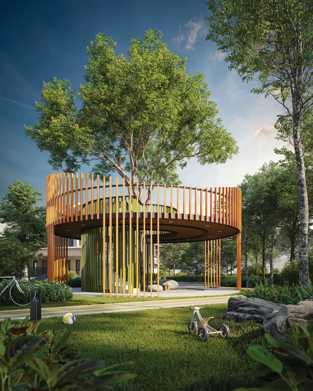 Embun Hills viewing deck pavilion built around a preserved tree